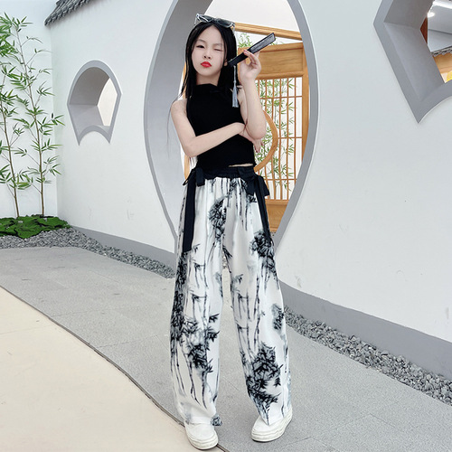 Women's Summer Outfit Set New Chinese Style Girl Tank Top Summer Thin Watercolor Wide Leg Pants Stylish Two-Piece Set