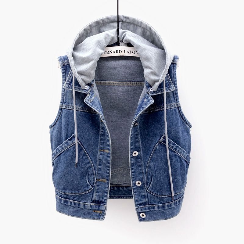 Women's Short Denim Vest 2021 Spring New Hooded Large Pocket Sleeveless Jacket Versatile Slim-Fit Cardigan