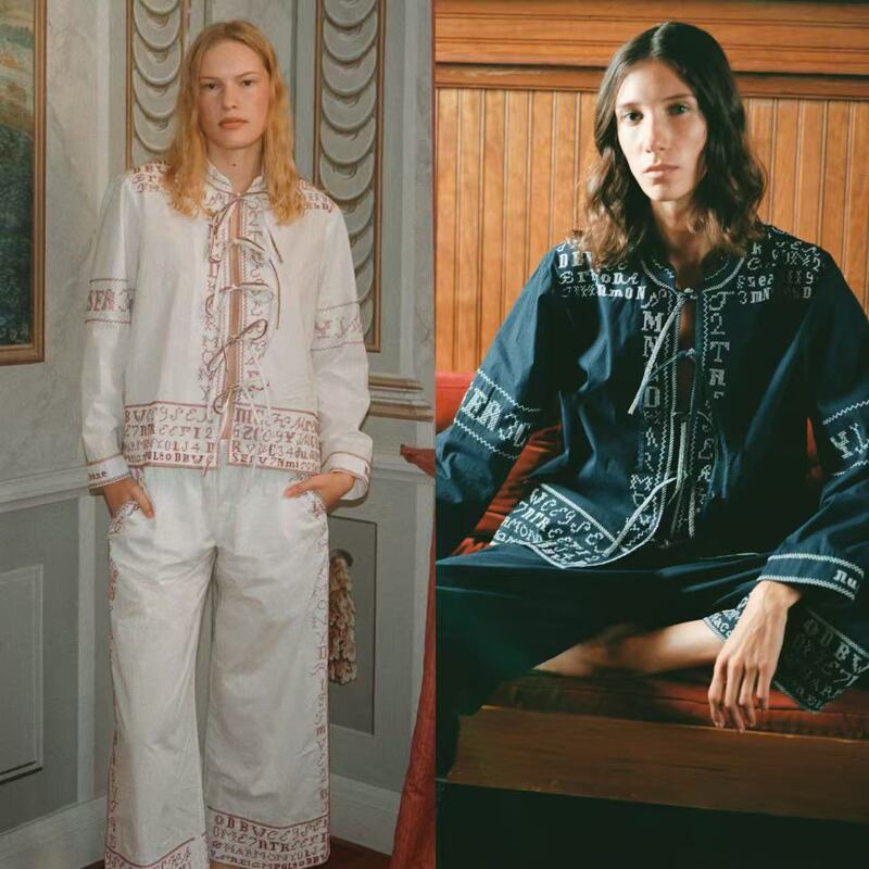 French-Style Niche 26 Spring-Summer New Vintage Letter Cross-Pattern Embroidery Tie Loose Round-Neck Long-Sleeve Shirt Top French-Style Niche 26 Spring-Summer New Vintage Letter Cross-Pattern Embroidery Tie Loose Round-Neck Long-Sleeve Shirt Top