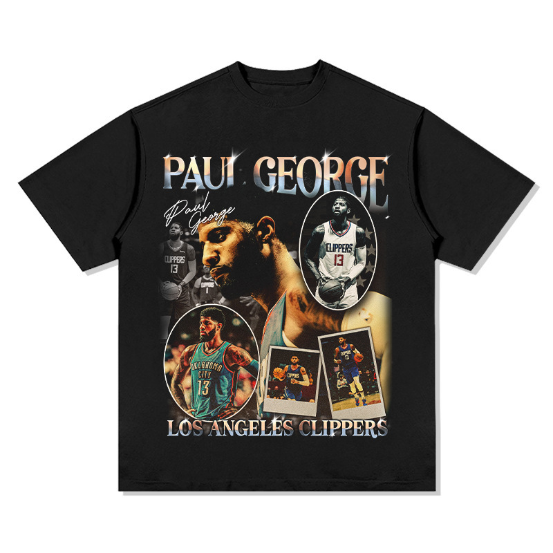 Paul George American Star camiseta hip-hop de la calle impresión retro hacer viejos lavado pesado cuello redondo mangas cortas