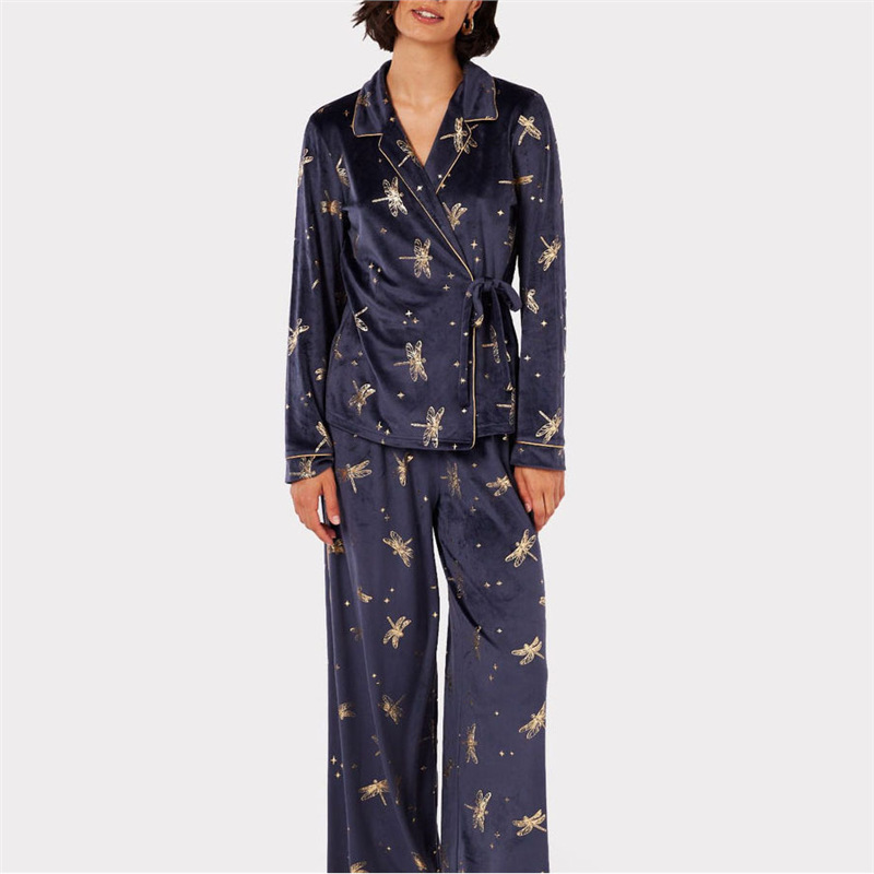 Niche Entry Luxury Bronzing Dragonfly Gold Diamond Velvet Autumn and Winter Pajamas suit French Elegant High-end Style Outwear