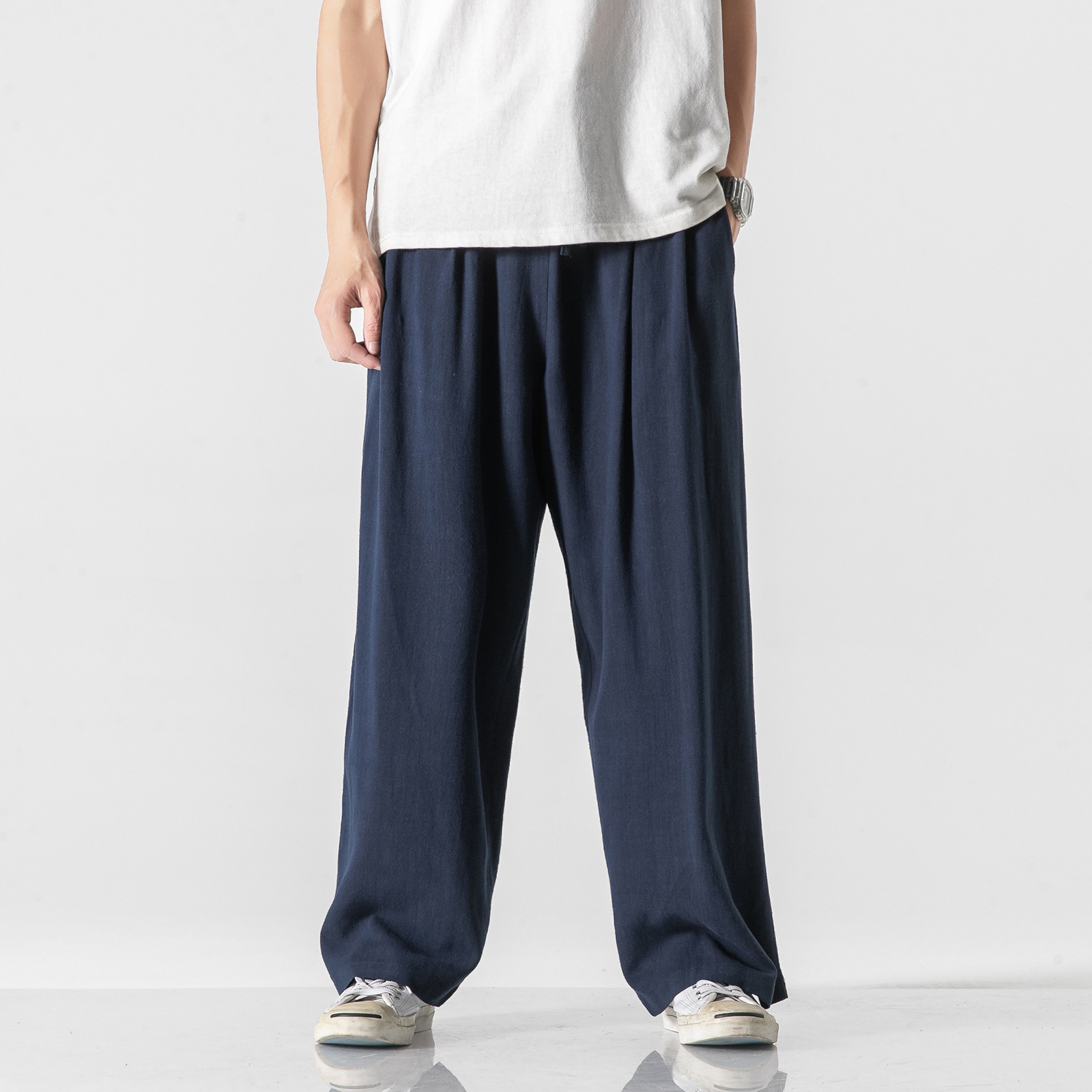 Pantalones de lino de estilo chino Pantalones deportivos rectos sueltos de los hombres ropa de algodón de verano moda nacional más tamaño pantalones de pierna ancha pantalones Casuales