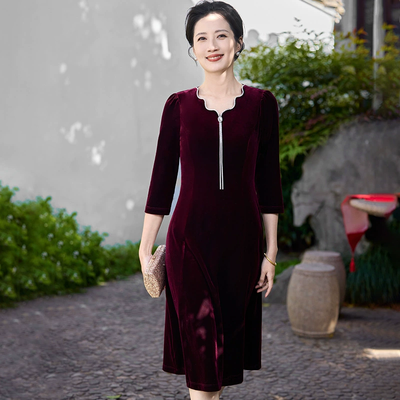 Осеннее тяжелое корейское бархатное свадебное банкетное платье, уменьшающее возраст, фиолетово-красное простое повседневное платье с А-образным подолом, высококачественное платье большого размера