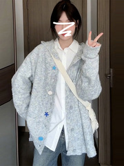 慵懒风灰色连帽毛衣开衫外套女秋冬季2025新款感宽松针织上衣