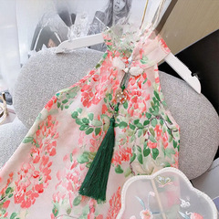 Summer Children's Qipao Children's Chiffon Dress for Big Kids with Straps Long Dress with Floral Pattern for Little Girls in Ancient Costume