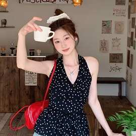（打揽）黑色波点挂脖V领背心女装夏季设计感小众修身别致绝美上