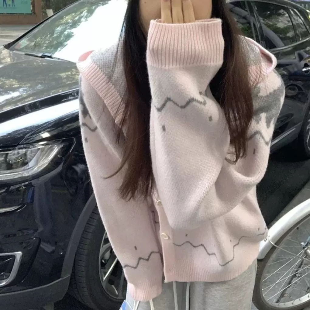 厚版学院慵懒风卡通连帽毛衣开衫女秋装韩版宽松单排扣针织衫外套