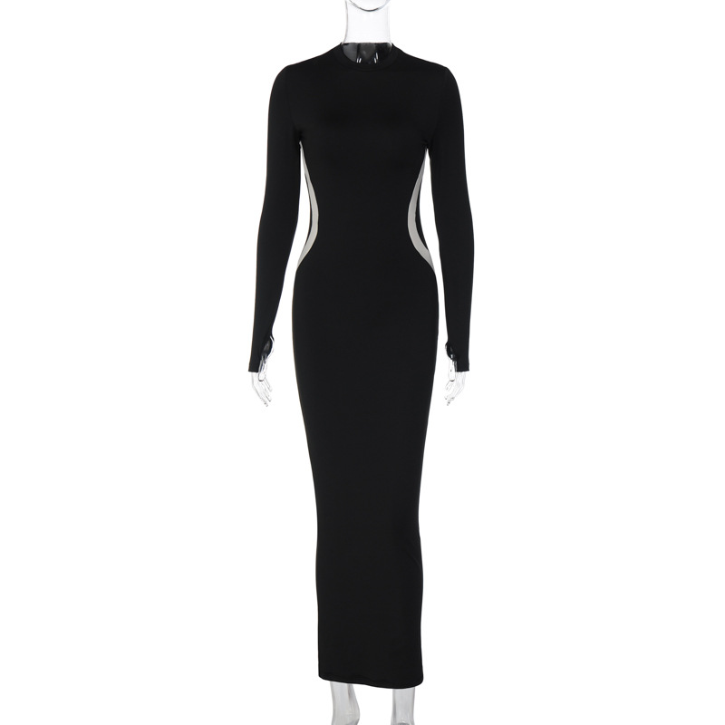 Women's fashion solid color slim round neck long sleeve finger set dress_voghion.com