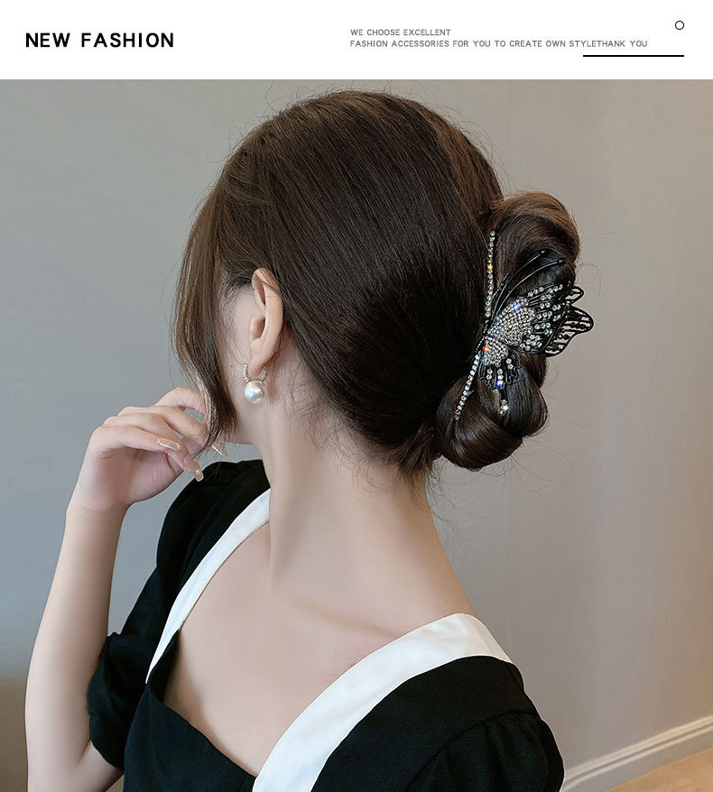 Fermaglio a farfalla nero con strass elegante accessorio capelli_voghion.com