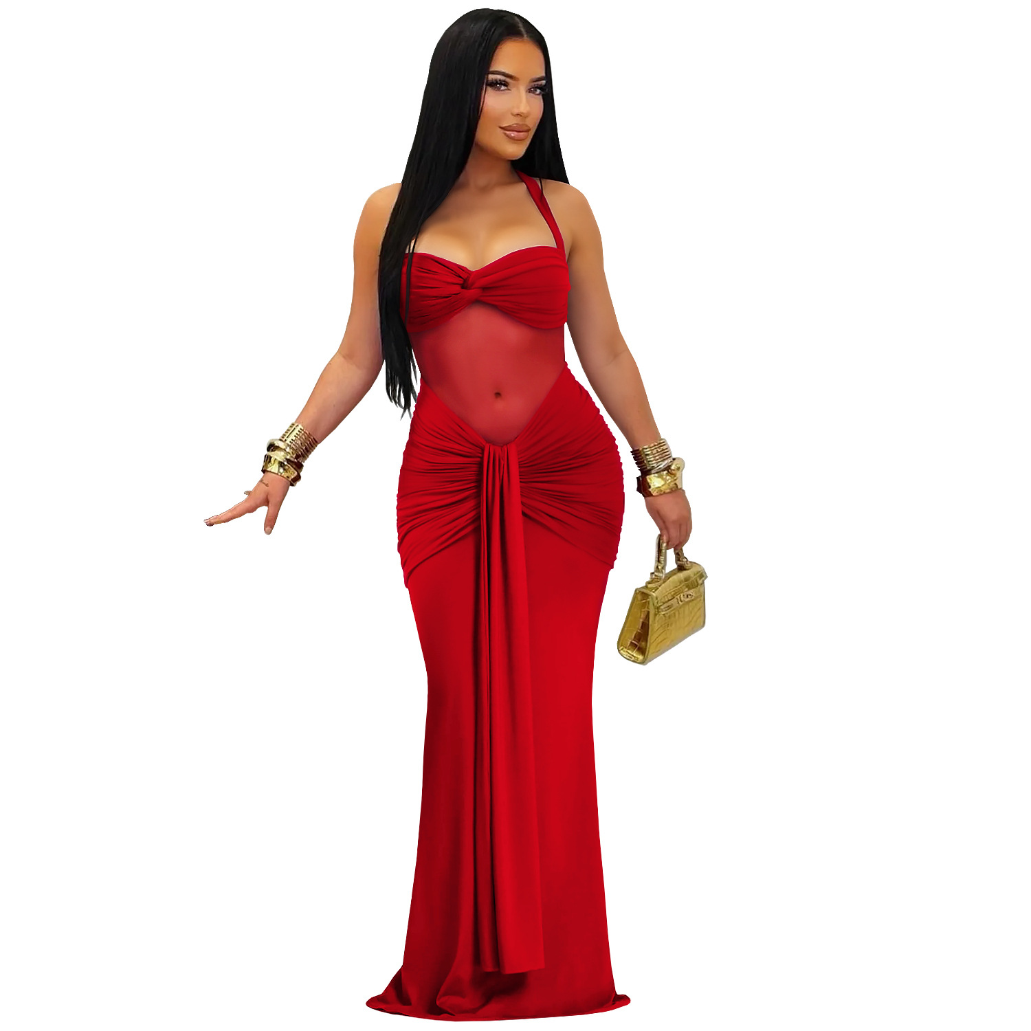 C7608 cross-border AliExpress Amazon Europa y América moda de mujer perspectiva sexy malla colgante correa de cuello vestido image 8