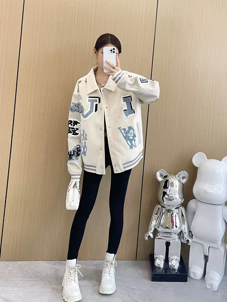 Cross-border correct version 26 autumn new heavy-duty letter embroidery loose baseball jacket with leather inserts