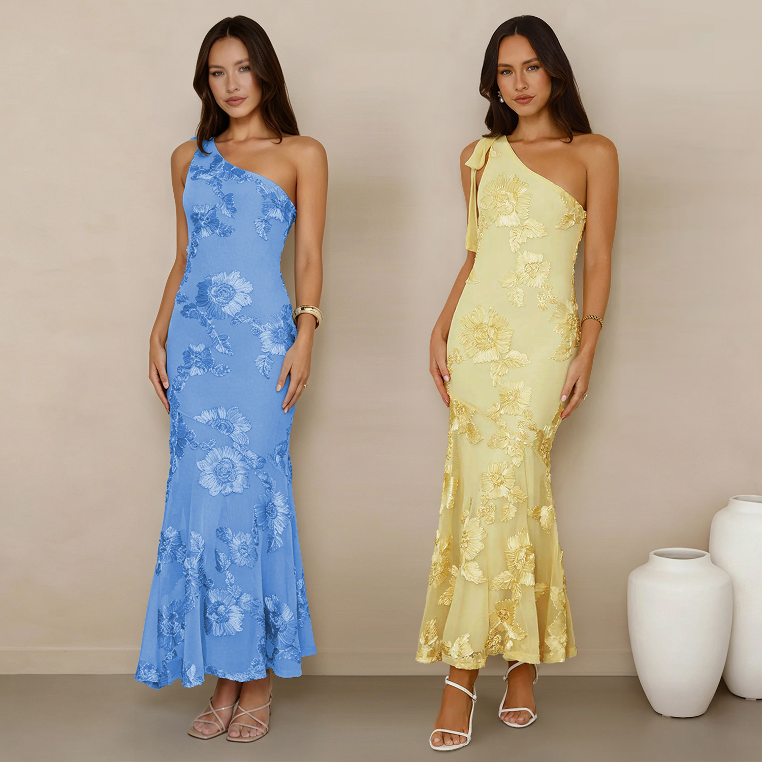 C7747 Aliexpress transfronterizo Amazon Europa y América de moda de verano elegantemente Jacquard vestido de fiesta de hombro inclinado