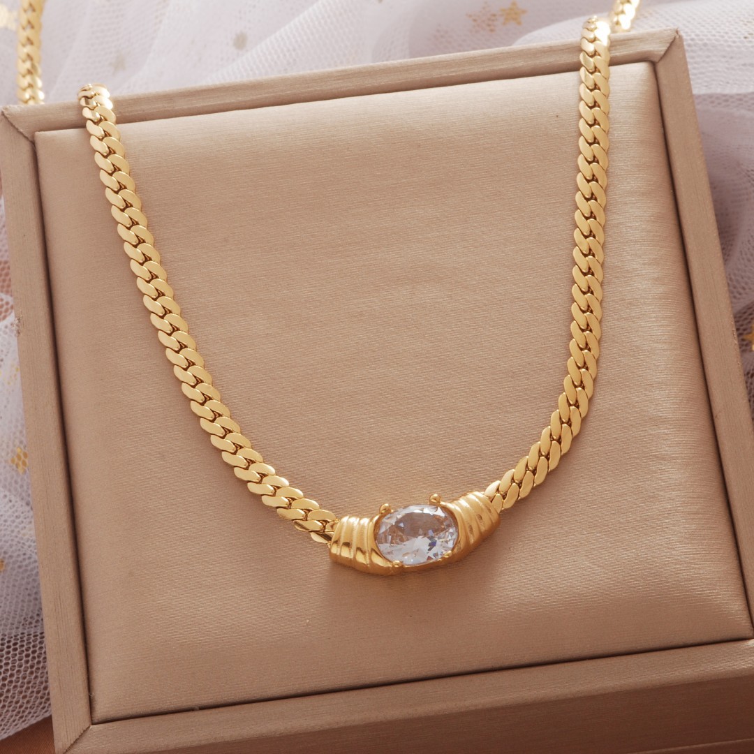 Titanium Steel Cuban Snake Bone Zircon Necklace For Women_voghion.com