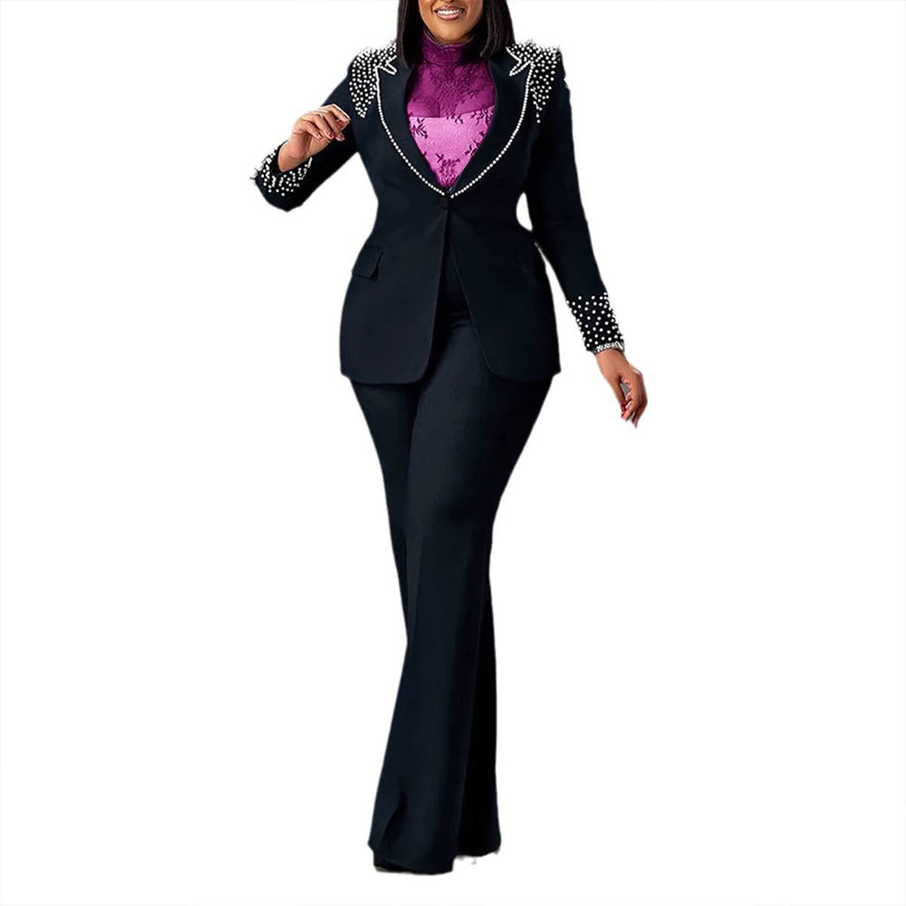 K3332 Women's European And American Style Pearl Embellished Slim Stretch Two Piece Suit Long Sleeved Regular Fit Summer Suit_ecoleips.com