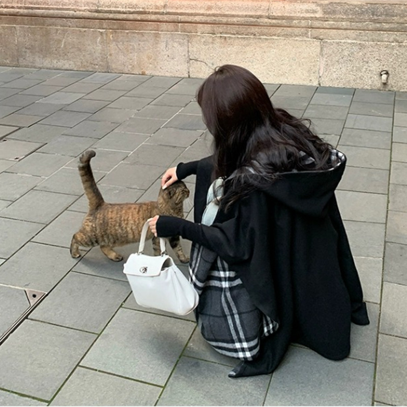 法式简约德鲁纳少女 正反两穿格纹连帽斗篷羊毛大衣风衣2025秋季|undefined