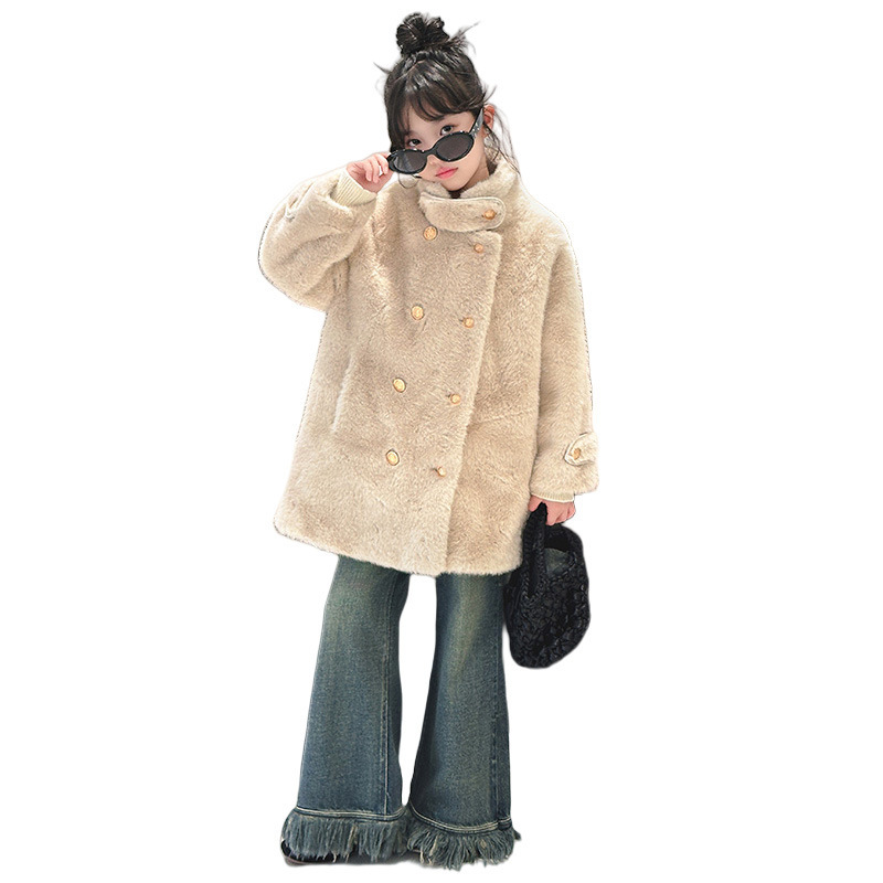 소녀의 모조 모피 잔디 토끼 밍크 양털 코트 가을과 겨울 소녀의 세련된 따뜻한 모피 하나의 긴 한국 스타일 코트