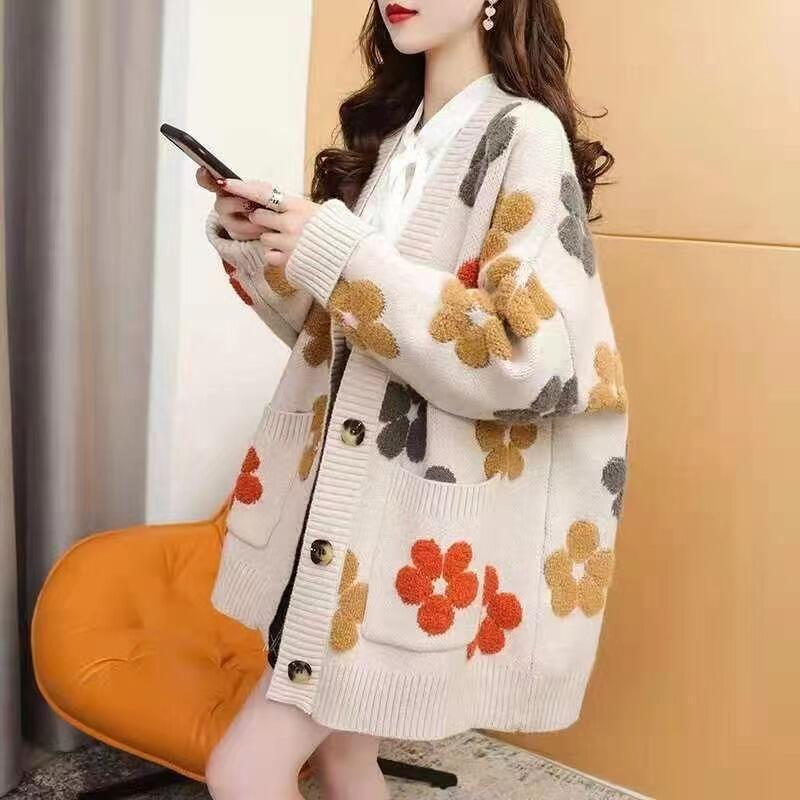 Autumn and Winter New Korean Style Towel Embroidered Jacquard Mid-Length Flower Sweater Women's Jacket Casual Lazy Style Knitted Cardigan