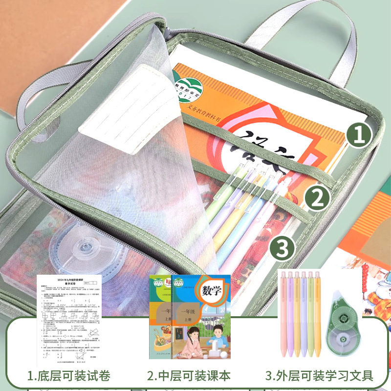 L型手提科目袋透明文件收纳袋多层拉链式网纱大开口手提包拎书袋|undefined