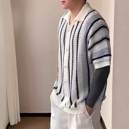Men's Mesh Sheer Striped Knit Open-Front Top with Relaxed Fit Casual Workwear Crewneck T-shirt