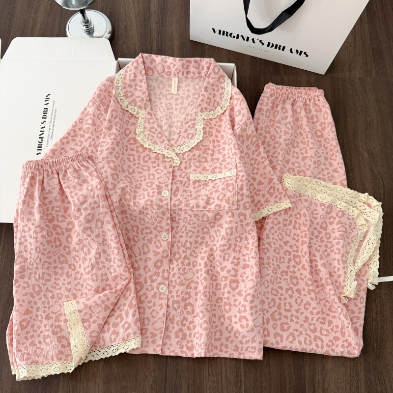 Cloud Cotton Leopard Print Pajamas for Women, Summer Cardigan Style Short-Sleeved Lace Trim Sweet Internet Celebrity Style Home Wear Three-Piece Set Cloud Cotton Leopard Print Pajamas for Women, Summer Cardigan Style Short-Sleeved Lace Trim Sweet Internet Celebrity Style Home Wear Three-Piece Set