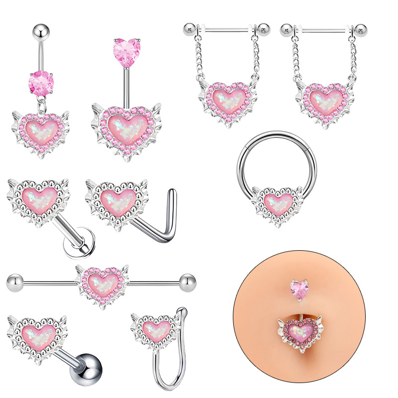 Stainless Steel New Pink Heart-Shaped Opal Belly Button Ring Clip Earrings Nose Stud Body Piercing Jewelry_voghion.com