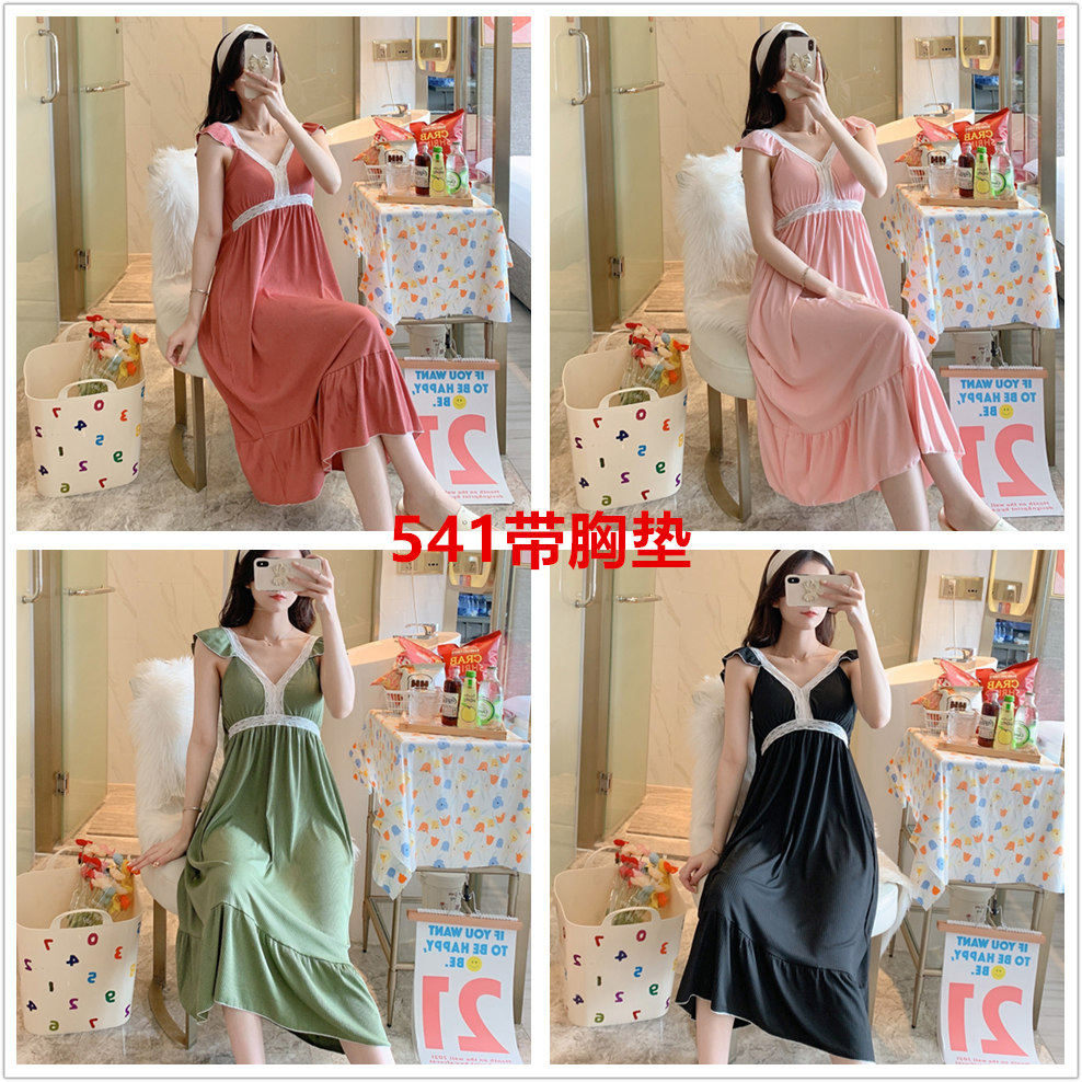 Sudeste de Asia verano lunares sexy con almohadilla en el pecho de media longitud camisón chica de encaje dulce pijama Sling homewear