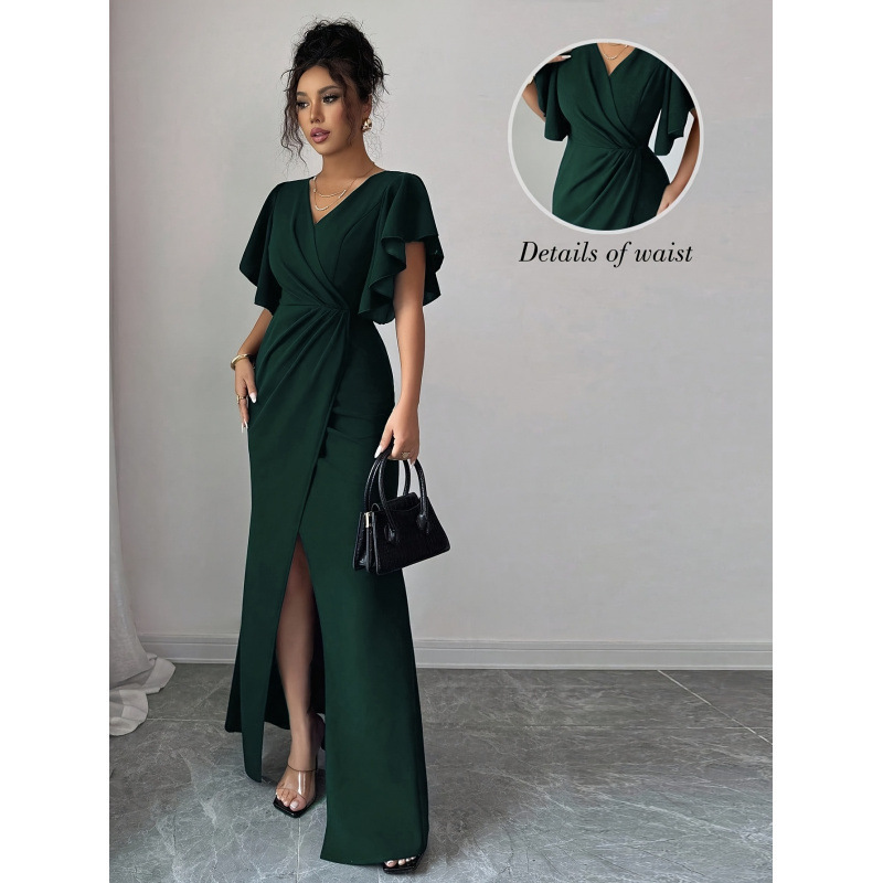 Women's Elegant Romantic Ruffle Sleeve V-Neck Waist Slimming Slit Hem Long Dress Suitable for Dates