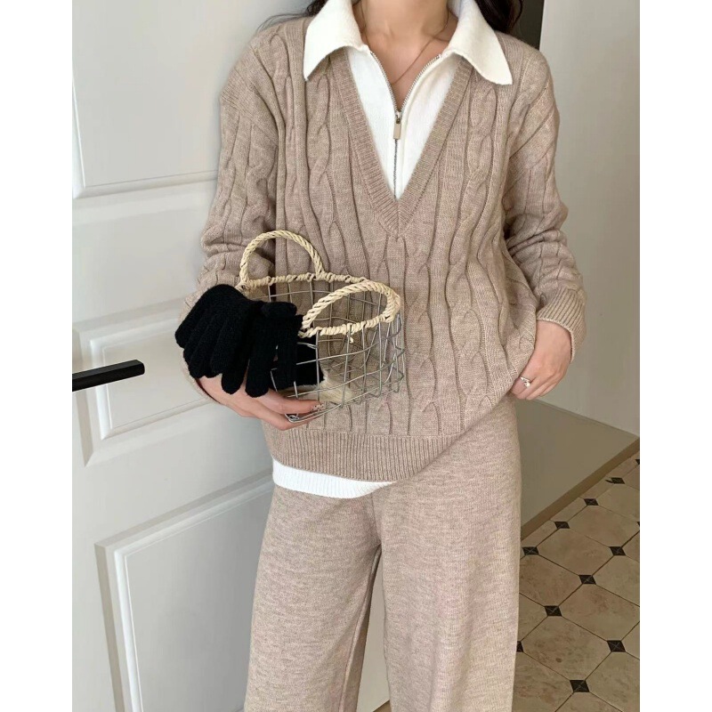 Thickened Knitted Wide-leg Pants suit Winter High-end Fake Two-piece Suit Collar Sweater Jacket Women's 2024 Autumn New