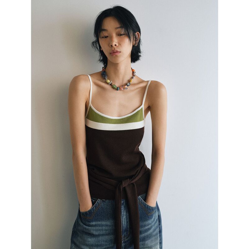 [Timeless] New Wool Close-Fitting Comfortable Color-Blocked Tie-Up Slim-Fit Sleeveless Casual Knit Camisole Top V9659