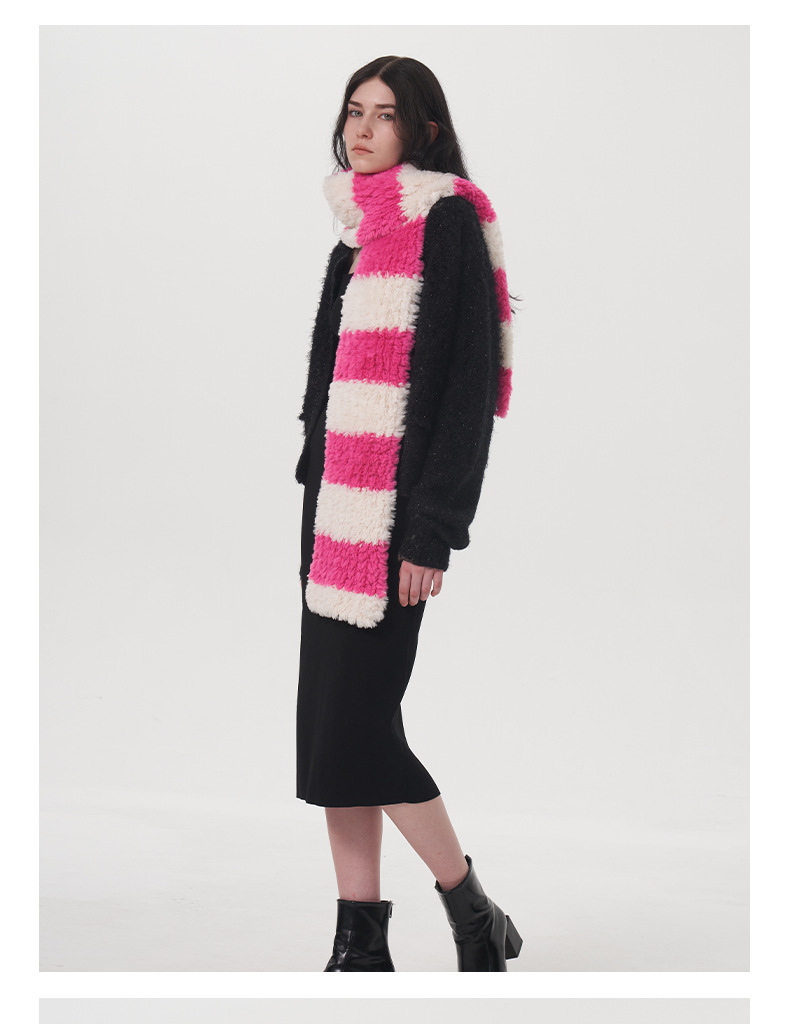 Women's Scarves Soft striped two-color plush scarf for women winter new warm thickened versatile cute knitted scarf scarf_voghion.com