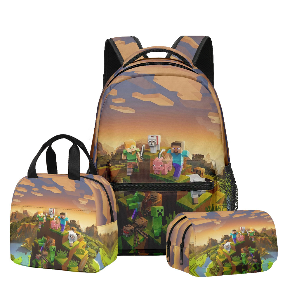 Nuevo producto 3D My World Minecraft mochila de estudiantes de primaria y secundaria bolsa de almuerzo bolsa de bolígrafo doble tres piezas set