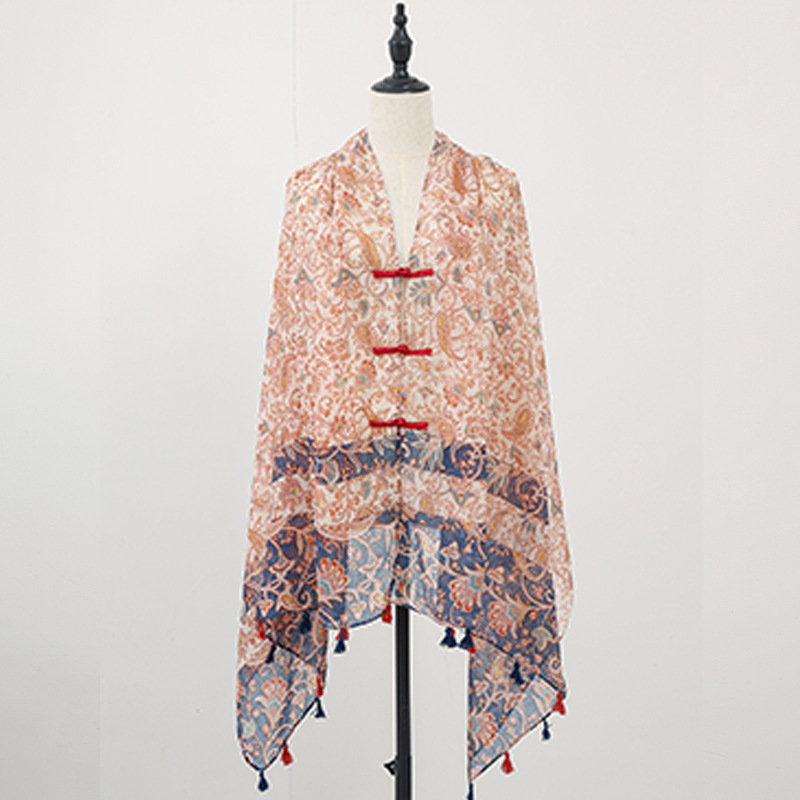 Chal de verano con falda, estampado de verano, nuevo estilo chino, bufanda de seda con hebilla, chal de protección solar, chaleco pequeño