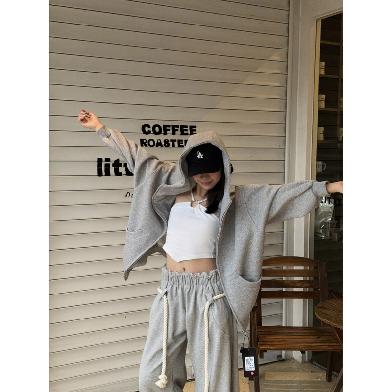 2470# 美式宽松廓型感连帽卫衣空气感oversize慵懒休闲百搭外套|undefined