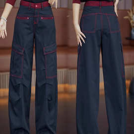 撞色工装牛仔阔腿裤2025秋冬季新款高腰显瘦宽松加绒拖地直筒裤潮