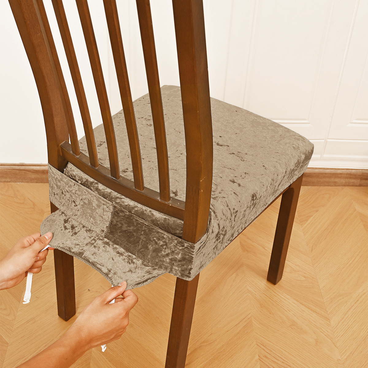 Amazon elástico oro veludo doble taburete elástico cubierta con lengua de hebilla cubierta de cojín de silla antideslizante cubierta de comedor de hotel