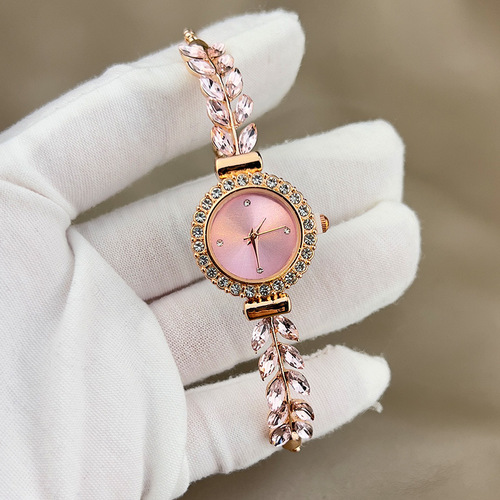 New Fashion Diamond-Embedded Leaf Round Women's Watch with Simple Dial, Adjustable Strap, Cross-Border Exclusive Gift Watch