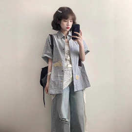 日系复古毛巾绣格子衬衫女夏季新款小个子休闲百搭防晒衬衣外套潮