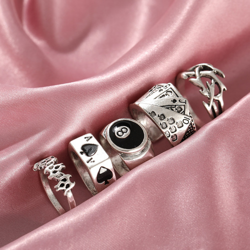 Dark retro creative Ace of Spades card ring five-piece set, female personalized hand accessories, national show AliExpress best-selling