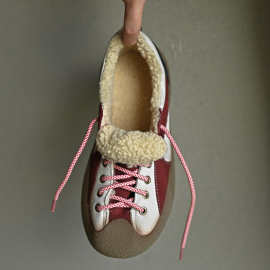 新款圆头加绒女鞋真皮软底保暖棉鞋休闲鞋时尚拼色德训鞋平底鞋