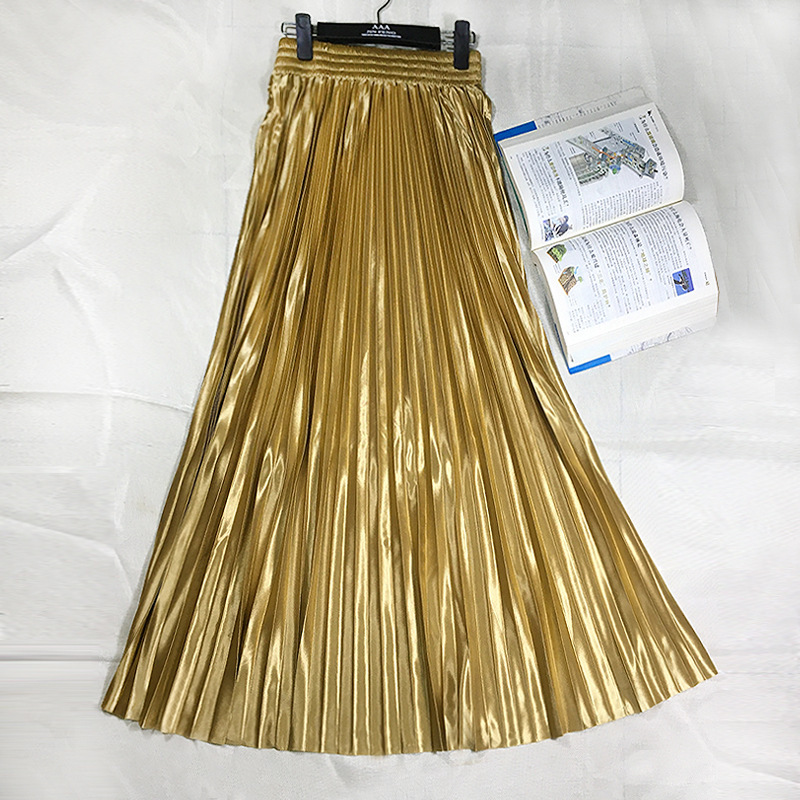 Large Skirt Metallic Glossy Reflective Shiny Skirt Women's High Waist A- Line Long Pleated Skirt Lined Floor Skirt