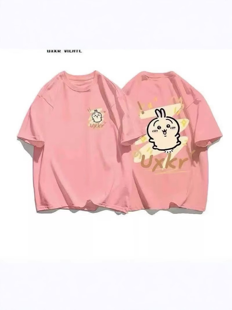 日本の漫画風落書きチイカワプリント半袖Tシャツ、男女兼用、夏用カップル半袖トップス、カジュアルで多用途