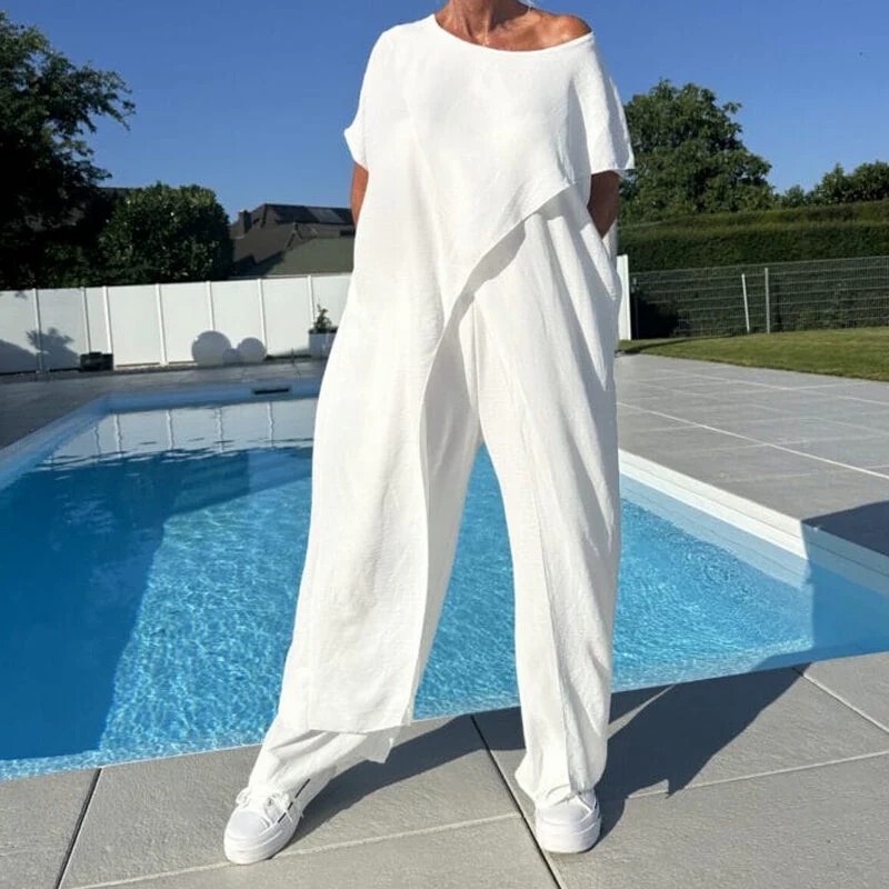 2025 Cross-Border European and American Independent Station Casual Irregular Solid Color Long Short-Sleeve Top Loose Pants Cotton Linen Set 2025 Cross-Border European and American Independent Station Casual Irregular Solid Color Long Short-Sleeve Top Loose Pants Cotton Linen Set