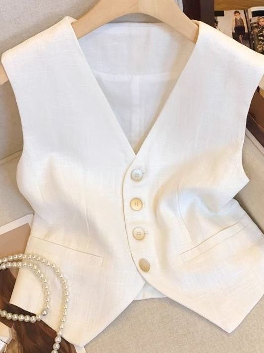 Old Money Style White Linen V-Neck Vest Women's Summer French V-Neck Sleeveless Suit Chic Shoulder Top