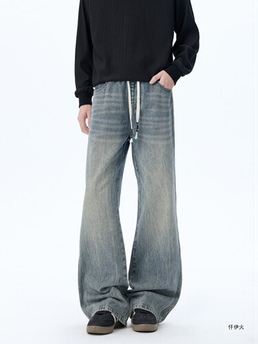 Lightning-pattern denim jeans for men, washed and aged style, American-style bootcut pants, autumn high-street trousers, loose-fit straight-leg flared-length pants.