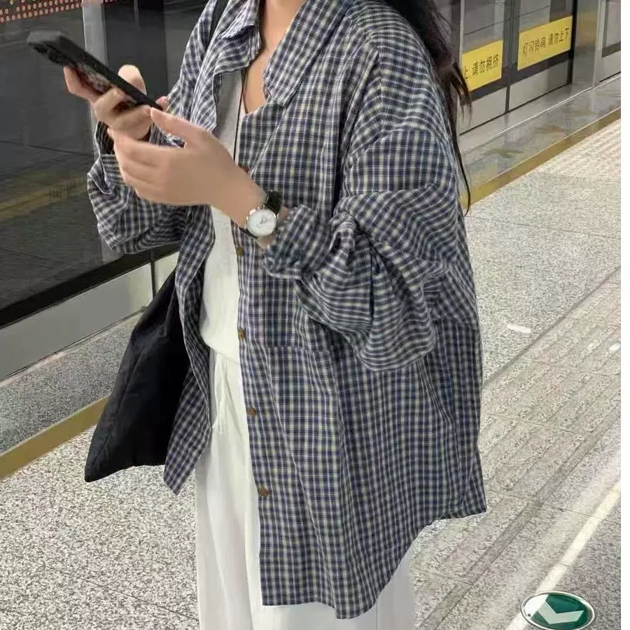 蓝色格子衬衫女装春秋新款复古宽松百搭穿搭夏季开衫防晒衬衣外套