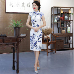 青花瓷雙層傳統中長款改良旗袍2024新款女復古修身批發一件代發