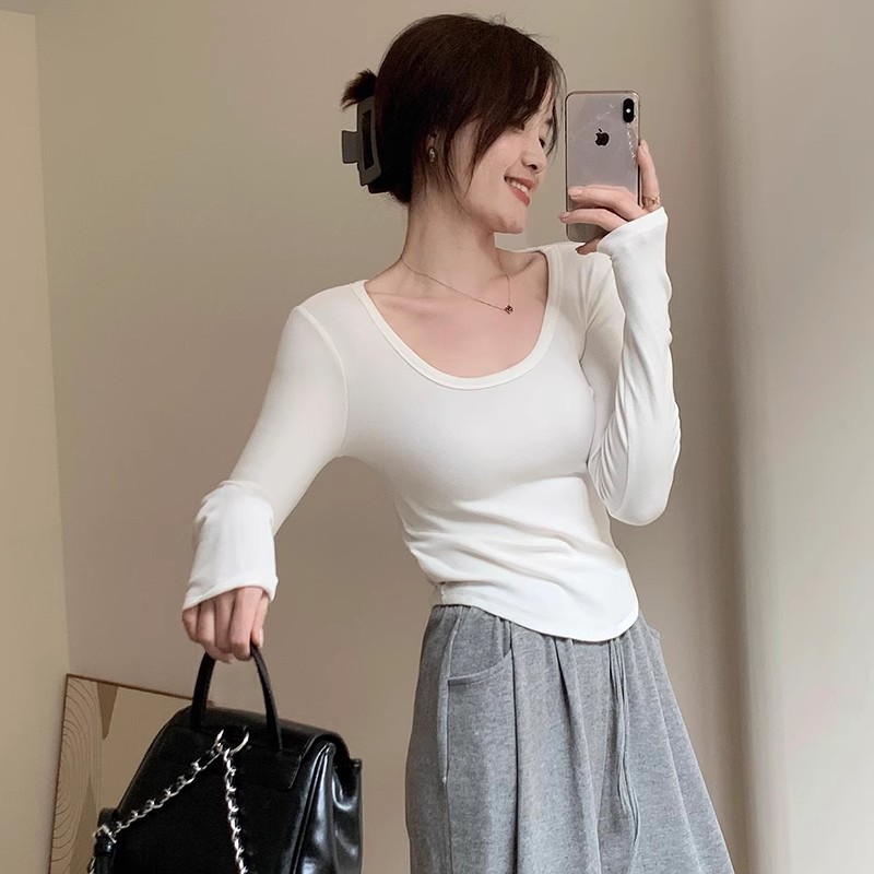 U-목 긴 소매; 흰색