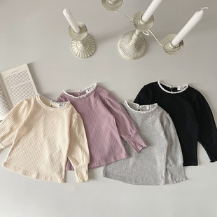 Korean Children's Clothing 2025 Spring and Autum Girls' Leg-Of-Mutton Sleeves Solid Color Bottoming Shirt Puff Sleeve T-Shirt Lantern Sleeve Bottoming Shirt