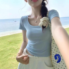 Pure Desire Sweet Uネック半袖右肩Tシャツレディース夏デザインシックなタイトフィットボディシェイプ万能ホットガールショートトップ