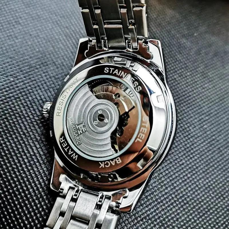AOKULASIC/ogulas hombres rhinestone reloj mecánico automático hueco doble calendario multifuncional reloj de correa de acero